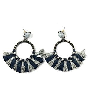 Round Brass Toned Black and Grey Tassel Earrings